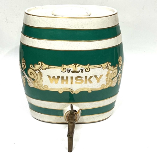 320 - A vintage ceramic whisky barrel, green bands, gilt border, and lettering, with cover, 34cm high (s.d... 