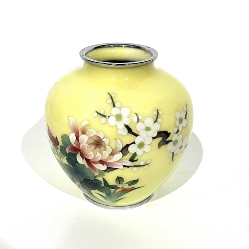 333 - A Japanese cloisonne enamel vase, yellow ground, peony design, chromed rims