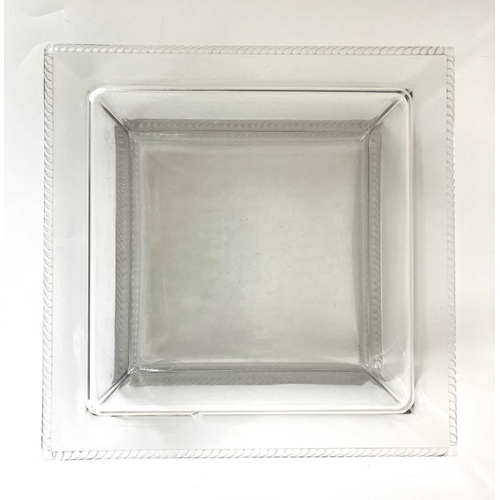 340 - Lalique, a French glass square bowl or dish, frosted and polished with gadrooned rim and foot, incis... 