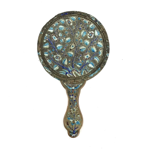 348 - A Chinese silver plated copper and enamelled hand mirror, decorated in relief with prunus tree and m... 