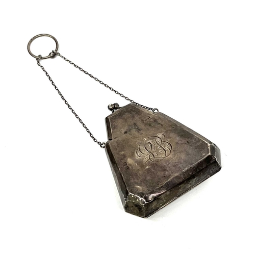 349 - A silver purse, chamfered lozenge form, leather lined and inscribed with monogram, Birmingham