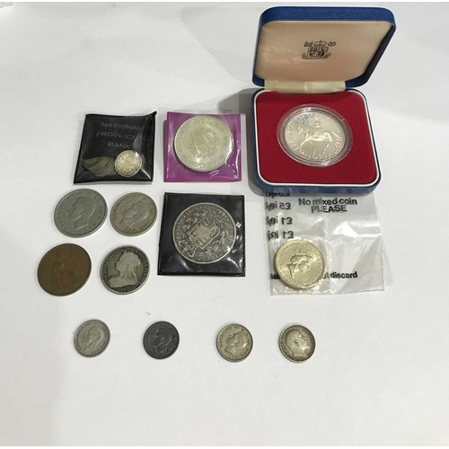 359 - Coins, including Victoria Crown 1844, eight Victoria to George V pre 1920 silver three pences, and a... 