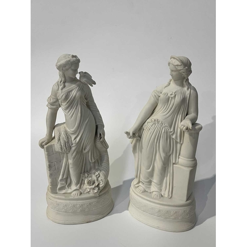 366 - Two Parian figures depicting maidens, one with Dove, Wheatsheaf and cornucopia, and the other holdin... 