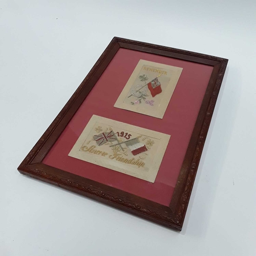 370 - Two First World War silk-work postcards, framed, together with a framed set of four clergy stoles