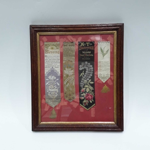 370 - Two First World War silk-work postcards, framed, together with a framed set of four clergy stoles