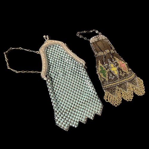 507 - A chainmail purse, late 19th/early 20th Century, bright cut engraved white metal mount, turquoise an... 