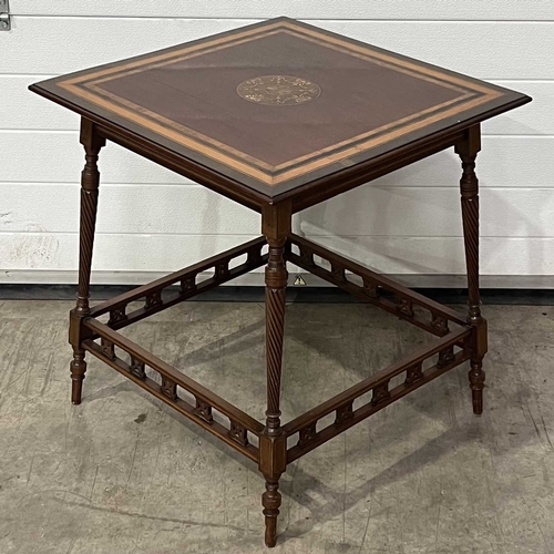 670 - A late Victorian parquetry inlaid and crossbanded square occasional table, on reeded twist supports ... 