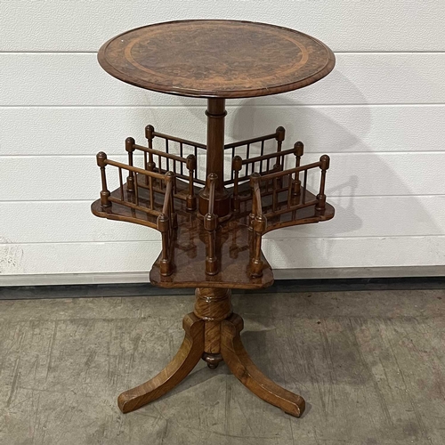 671 - A late Victorian burr walnut and crossbanded bookcase table, with a revolving display section, on tr... 