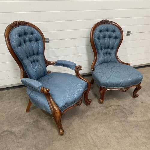 705 - A Victorian carved walnut grandfather chair, together with a grandmother chair. (2)