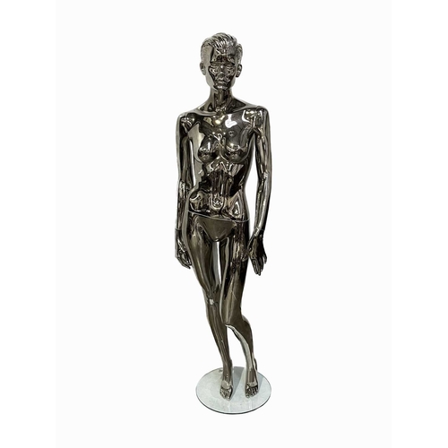 749 - A multipart chrome mannequin, with female features H: 183 cm