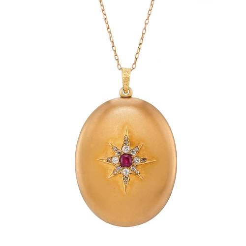 102 - A late Victorian 15ct gold ruby and old and rose-cut diamond locket pendant, suspended from a 9ct go... 