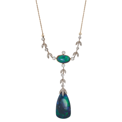 106 - A Belle Epoque gold, black opal and vari-cut diamond foliate drop necklace, largest opal measures ap... 
