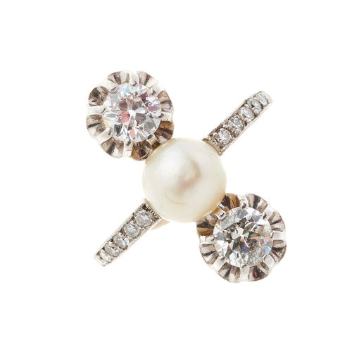 107 - A Belle Epoque diamond and pearl three-stone dress ring, estimated total diamond weight 0.80ct, H-I ... 