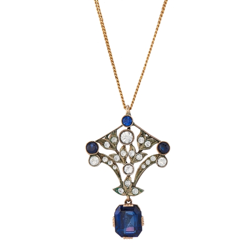 114 - A mid 20th century gold and silver, vari-hue synthetic sapphire foliate openwork pendant, with chain... 