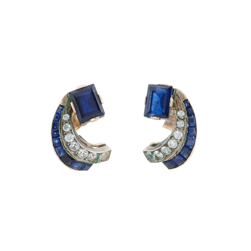 116 - A pair of mid 20th century silver and gold, vari-hue synthetic sapphire earrings, earring backs stam... 