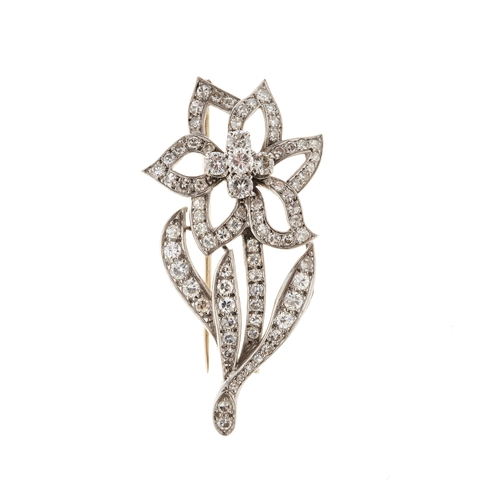 117 - A mid 20th century 18ct gold brilliant and single-cut diamond flower brooch, estimated total diamond... 