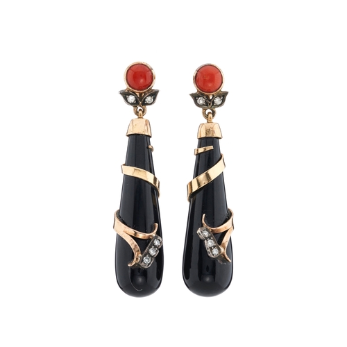 122 - A pair of mid 20th century gold, onyx, coral and diamond drop earrings, estimated total diamond weig... 