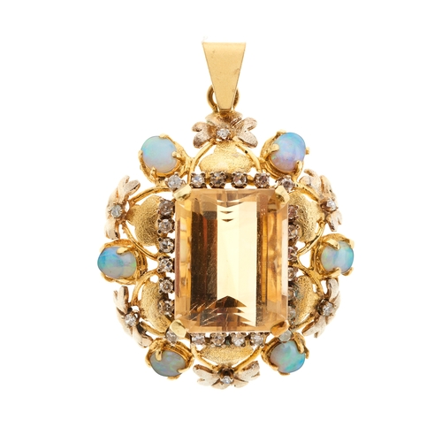 125 - A mid 20th century 18ct gold citrine, diamond and opal pendant, citrine estimated weight 13.80ct, es... 