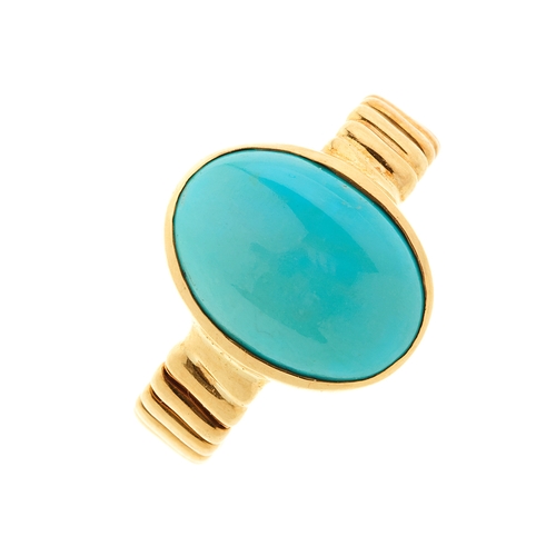 126 - An 18ct gold turquoise cabochon single-stone ring, with grooved band, ring size L, 6.1g