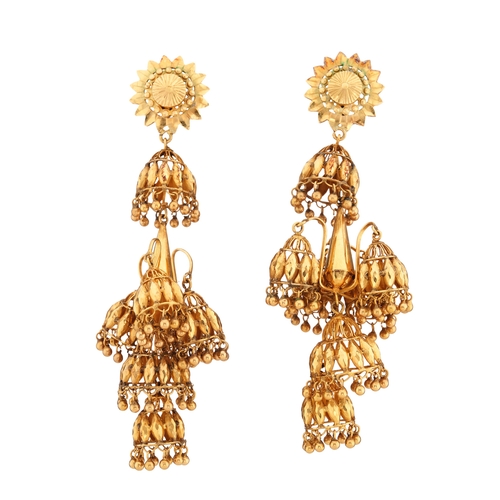 127 - A pair of gold tiered drop Jhumka earrings, length 9.4cm, 39g
