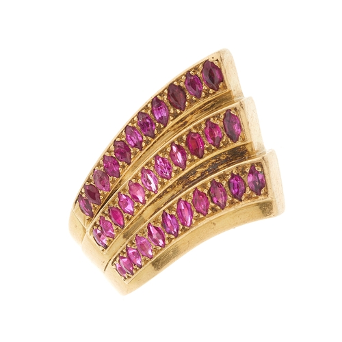 131 - A 1940s 18ct gold ruby cocktail ring, French import marks, ring size H, 16g