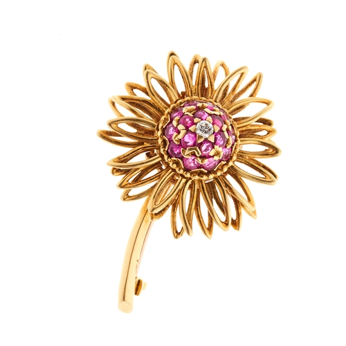 132 - Kutchinsky, a mid 20th century 18ct gold ruby and diamond flower brooch, signed Kutchinsky, hallmark... 