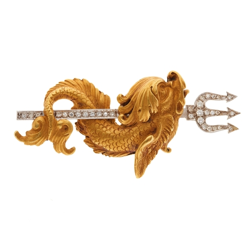 137 - An 18ct gold single-cut diamond dolphin and trident brooch, a symbol of Poseidon, estimated total di... 