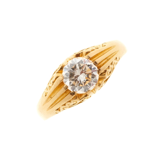 138 - An 18ct gold diamond single-stone band ring, with carved gallery, diamond estimated weight 1.25ct, H... 