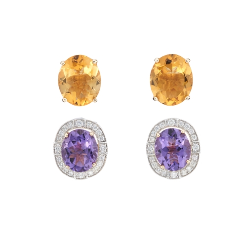 154 - A pair of gold amethyst or citrine and diamond interchangeable cluster stud earrings, estimated tota... 