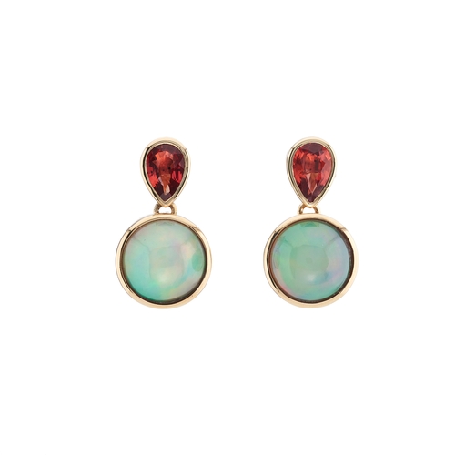 157 - A pair of 18ct gold opal and orange sapphire drop earrings, total opal weight 2.56ct, total orange s... 