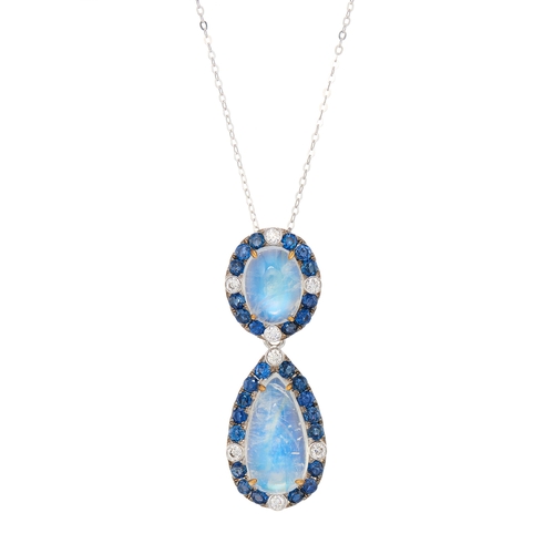 158 - An 18ct gold moonstone, sapphire and diamond cluster pendant, suspended from an 18ct gold trace-link... 