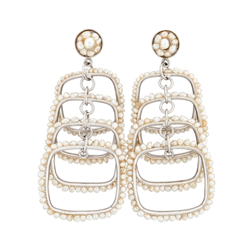 161 - A pair of 18ct gold pearl cluster drop earrings, each suspending five graduated pearl accent squares... 
