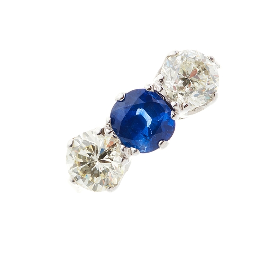 164 - An 18ct gold sapphire and diamond three-stone ring, sapphire estimated weight 1.40ct, estimated tota... 