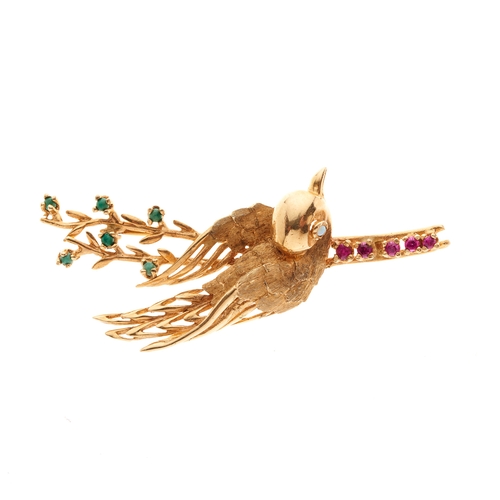 167 - A 14ct gold opal, turquoise and ruby bird brooch, stamped 14k, length 5.4cm, 6.3g