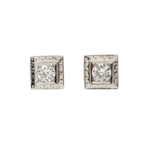 169 - A pair of 18ct gold brilliant-cut diamond single-stone stud earrings, with square-shape surround, es... 