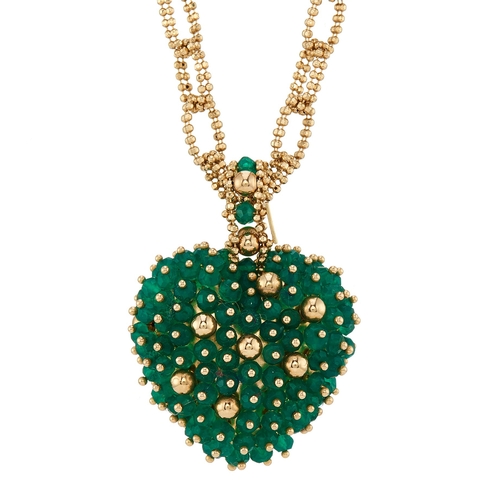 171 - A 14ct gold pave-set green gem heart pendant, suspended from a 14ct gold fancy-link chain, chain and... 