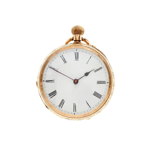 221 - A late 19th century 14ct gold open face pocket watch, with engraved reverse, case numbered 65933, ke... 