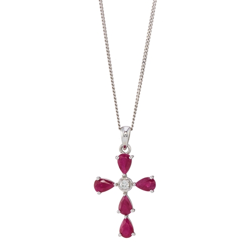 71 - A 14ct gold pear-shape ruby and brilliant-cut diamond cross pendant, suspended from a silver chain, ... 