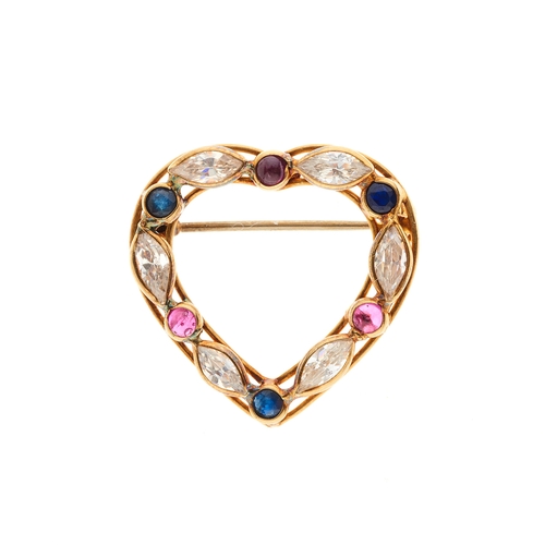 72 - An 18ct gold ruby, sapphire and cubic zirconia heart-shape brooch, stamped 750, Italian marks, lengt... 