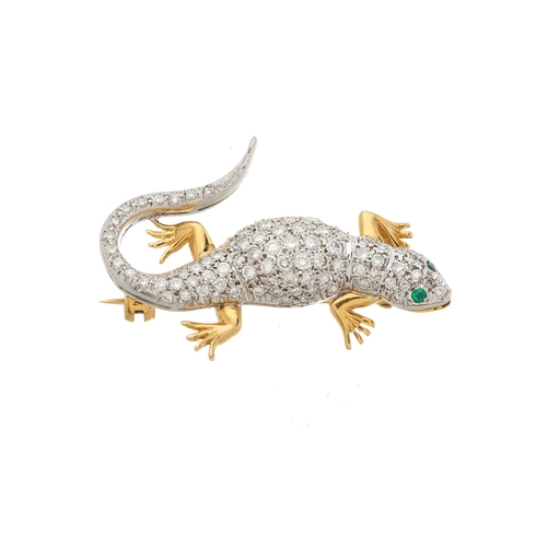 74 - An 18ct bi-colour gold pave-set diamond lizard brooch, with circular-shape emerald eyes, estimated t... 