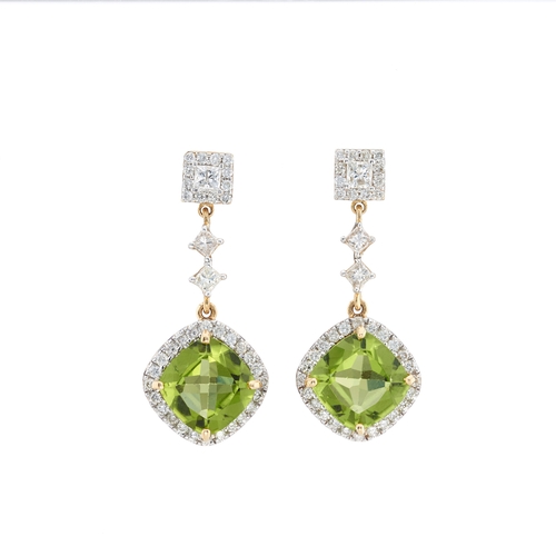 79 - A pair of 18ct gold peridot and brilliant-cut diamond cluster drop earrings, with similarly-cut diam... 