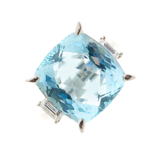 80 - A platinum aquamarine and diamond three-stone ring, aquamarine weight 11.38ct, total diamond weight ... 