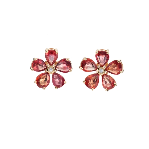 83 - A pair of 18ct gold orange sapphire and brilliant-cut diamond floral cluster earrings, total orange ... 