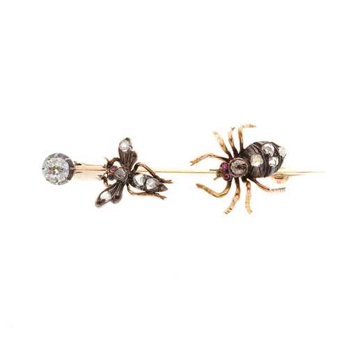 99 - A late Victorian gold vari-cut diamond fly and spider brooch, with ruby cabochon eyes and old-cut di... 