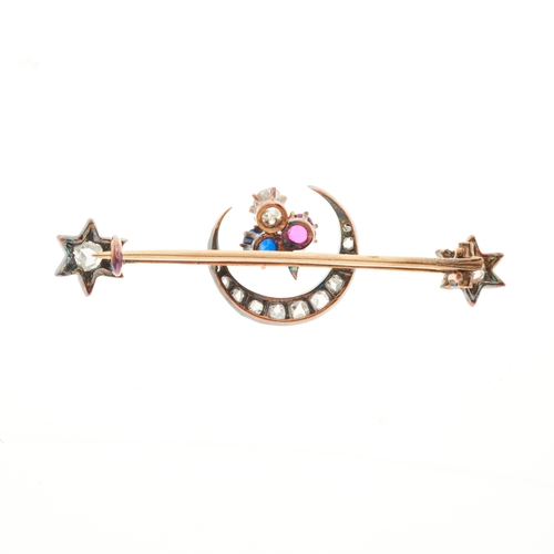 104 - A late Victorian silver and gold, ruby, sapphire and old-cut diamond shamrock brooch, with rose-cut ... 
