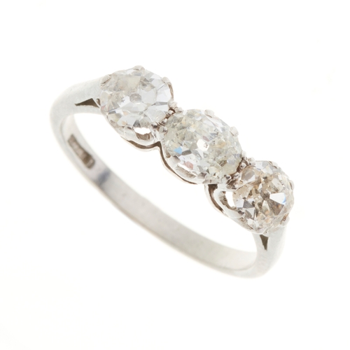 111 - An Art Deco platinum old-cut diamond three-stone ring, estimated total diamond weight 1ct, H-J colou... 