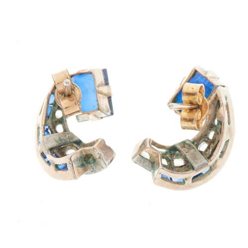 116 - A pair of mid 20th century silver and gold, vari-hue synthetic sapphire earrings, earring backs stam... 