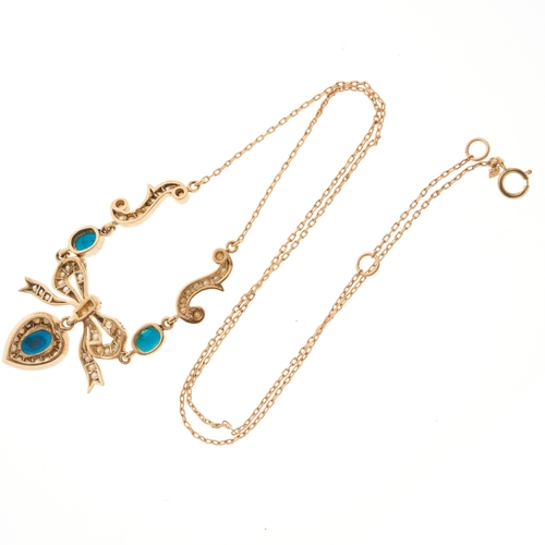 118 - A mid 20th century 15ct gold turquoise cabochon and split pearl heart and bow necklace, suspended fr... 