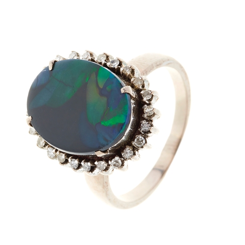 120 - A mid 20th century 18ct gold black opal doublet and single-cut diamond cluster ring, estimated total... 