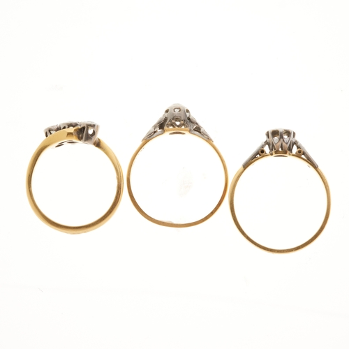 121 - Three 18ct gold and platinum circular-cut diamond rings, estimated total diamond weight 0.30ct, mark... 
